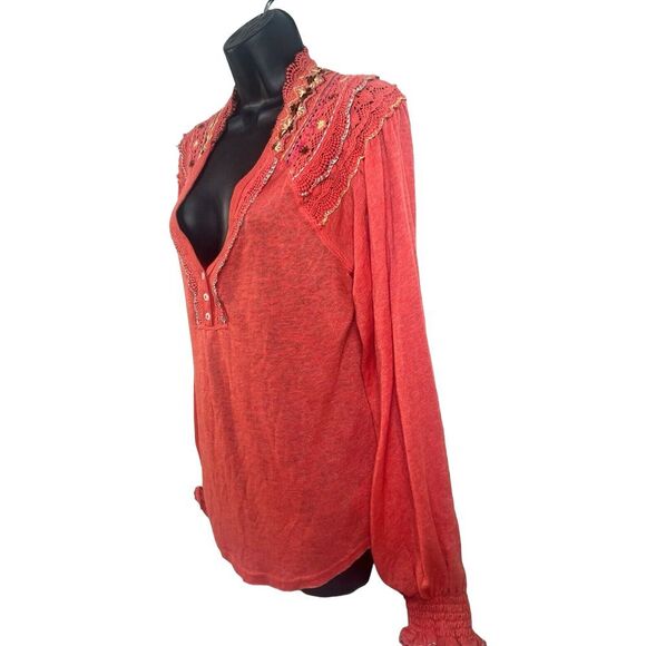 FREE‎ PEOPLE Siesta Fiesta Embroidered Boho Top oversized S/P coral red - Picture 2 of 6